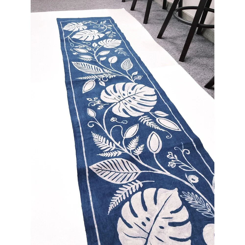 Handmade Indigo Batik Table Runner, Monstera Leaf Botanical Table Decor